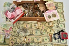 A WOODEN BOX OF ASSORTED COINS AND BANKNOTES, to include a pouch with a variety of USA banknotes,