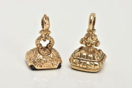 TWO 9CT GOLD FOB SEALS, the first of a round rectangular form set with a bloodstone to the base,