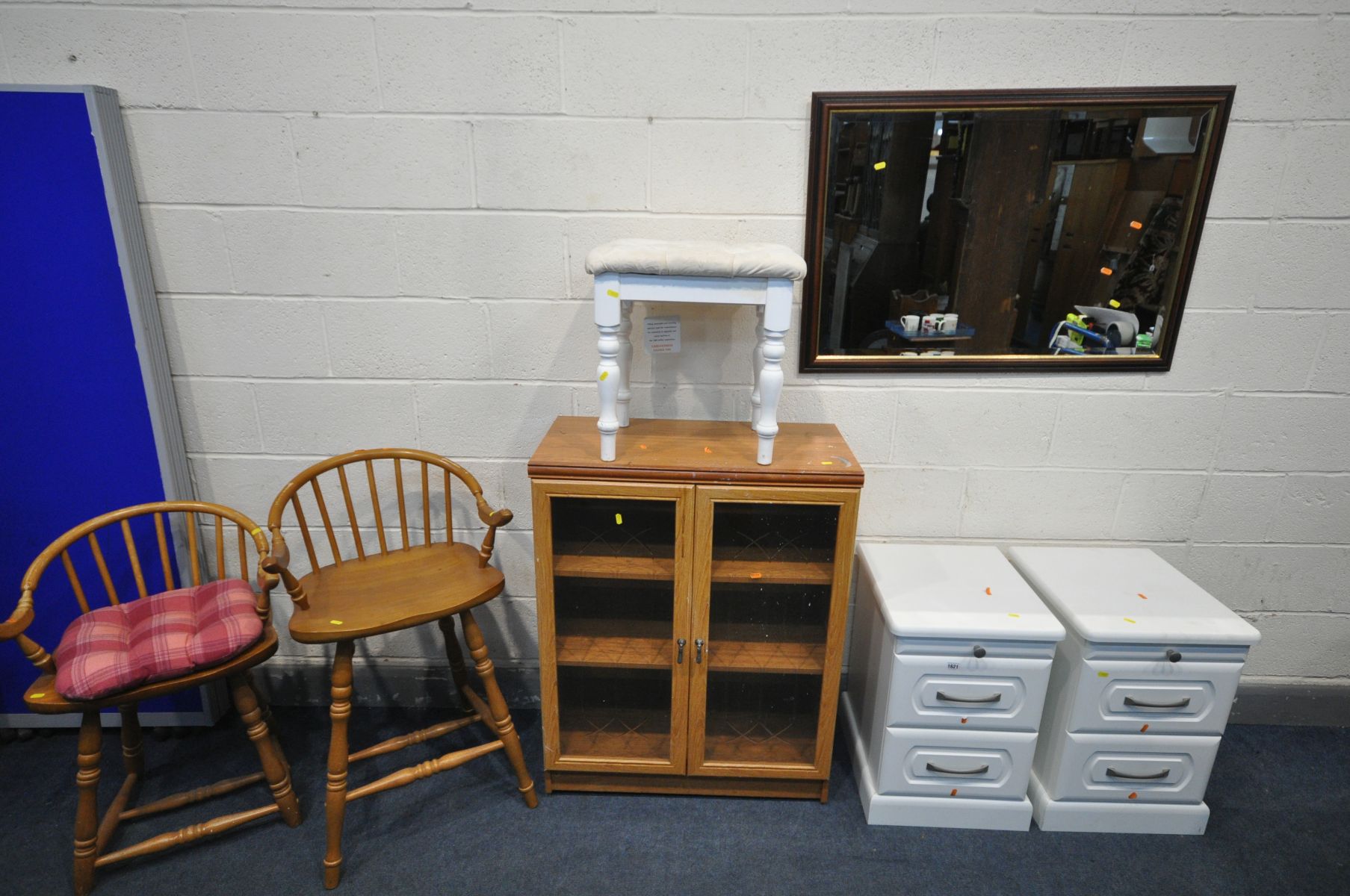 A SELECTION OF OCCASIONAL FURNITURE, a pair of white finish two drawer bedside cabinets, two beech