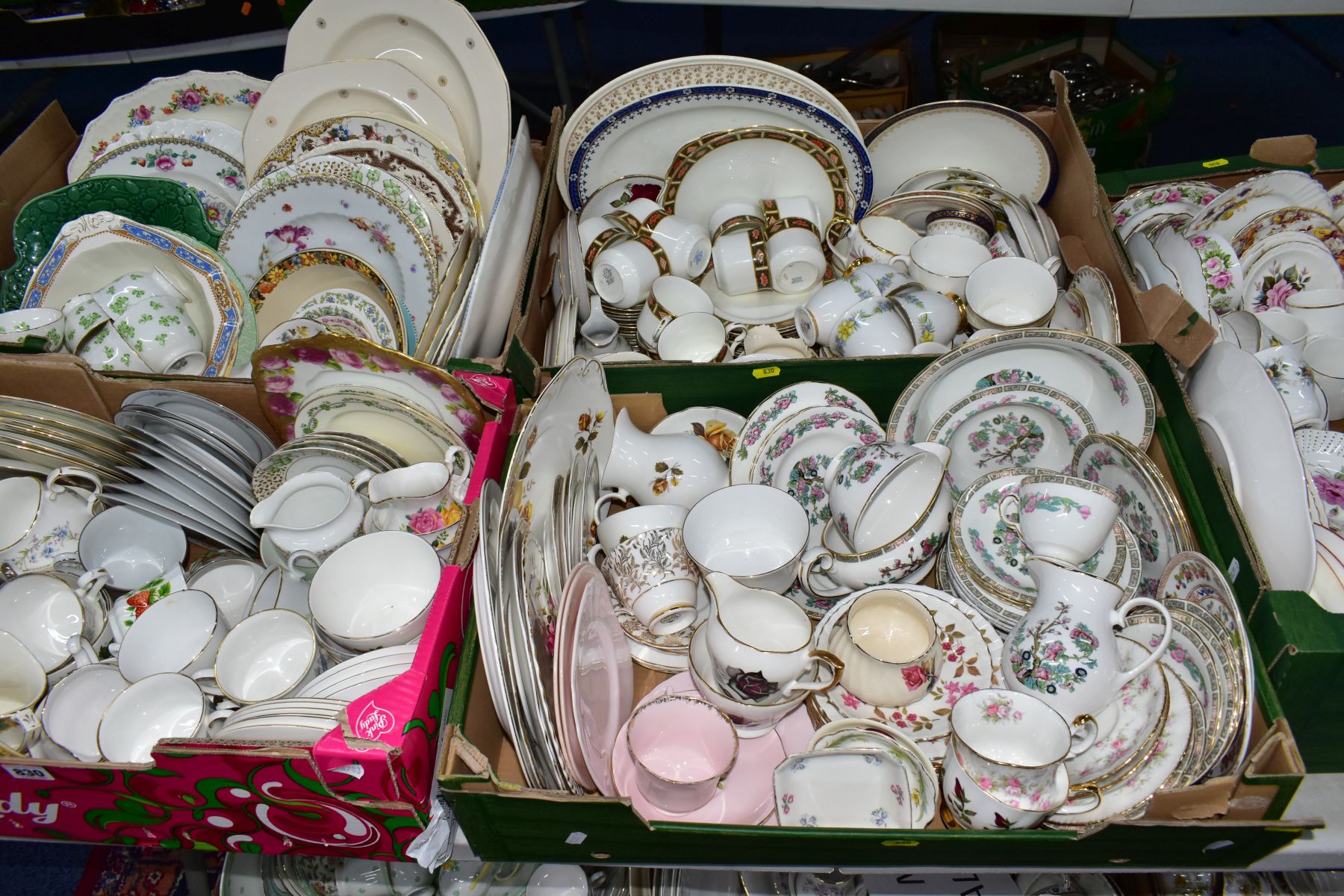 FIVE BOXES OF ASSORTED CERAMICS, mostly mid-20th century part tea sets by Tuscan, Colclough, Royal