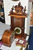 WALL AND MANTLE CLOCKS ETC, comprising a Hamburg American Clock company wall clock in need