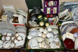 SIX BOXES OF CERAMICS AND SUNDRY ITEMS, to include a boxed Whittard of Chelsea teapot and two mug