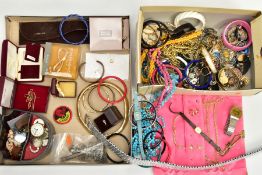 A BOX OF ASSORTED COSTUME JEWELLERY, to include a small black floral detailed jewellery box with