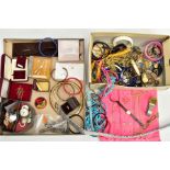 A BOX OF ASSORTED COSTUME JEWELLERY, to include a small black floral detailed jewellery box with