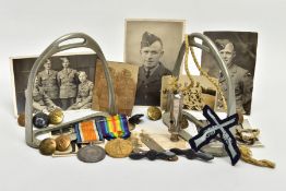 A BOX CONTAINING MEDALS PHOTOS ETC as follows, British War & Victory Medals named to 189342 GNR G.