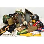 A BOX CONTAINING VARIOUS MILITARY & CIVIL HEADWEAR, plus other Military items, flags etc include two