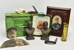 A LARGE BOX CONTAINING MILITARY ITEMS AS FOLLOWS, two Resin? Busts of Lord Roberts & Lord