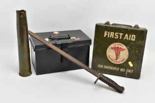 A BOX OF MILITARIA AS FOLLOWS, A 1943 dated Shell from a small field gun, marked to base, a 1917