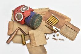 A BOX CONTAINING SOME INERT ROUNDS AND SMALL ARMS SHELLS, together with a WW2 period Gas mask,