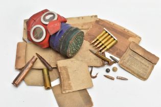 A BOX CONTAINING SOME INERT ROUNDS AND SMALL ARMS SHELLS, together with a WW2 period Gas mask,
