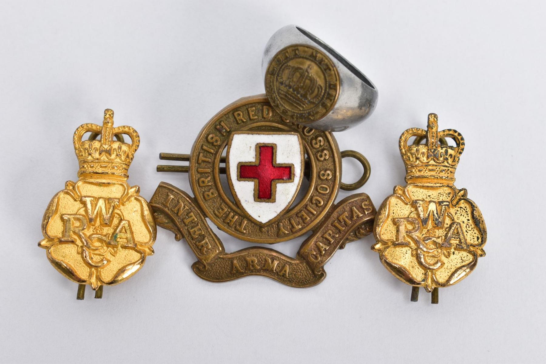 TWO WRAC (Womens Royal Army Corps) gold coloured collar dog badges, British Red Cross Collar/Cap