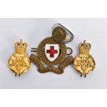 TWO WRAC (Womens Royal Army Corps) gold coloured collar dog badges, British Red Cross Collar/Cap