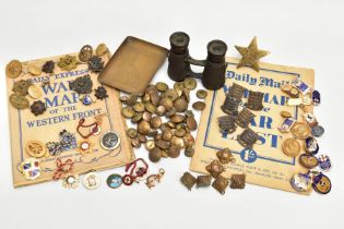 A BOX CONTAINING VARIOUS MILITARY RELATED ITEMS, to include a small pair of binoculars dated 1915,