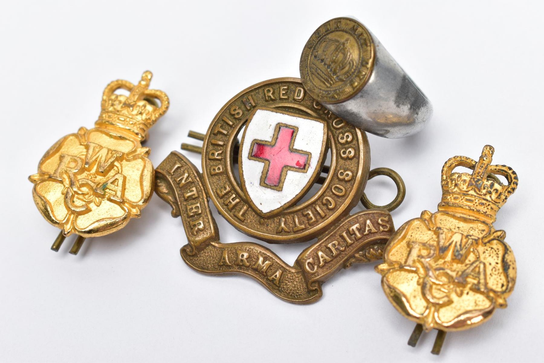 TWO WRAC (Womens Royal Army Corps) gold coloured collar dog badges, British Red Cross Collar/Cap - Image 3 of 4