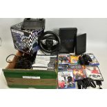 TWO PLAYSTATION 2 CONSOLES, OVER 40 GAMES, AND ACCESSORIES SPREAD ACROSS TWO BOXES; one