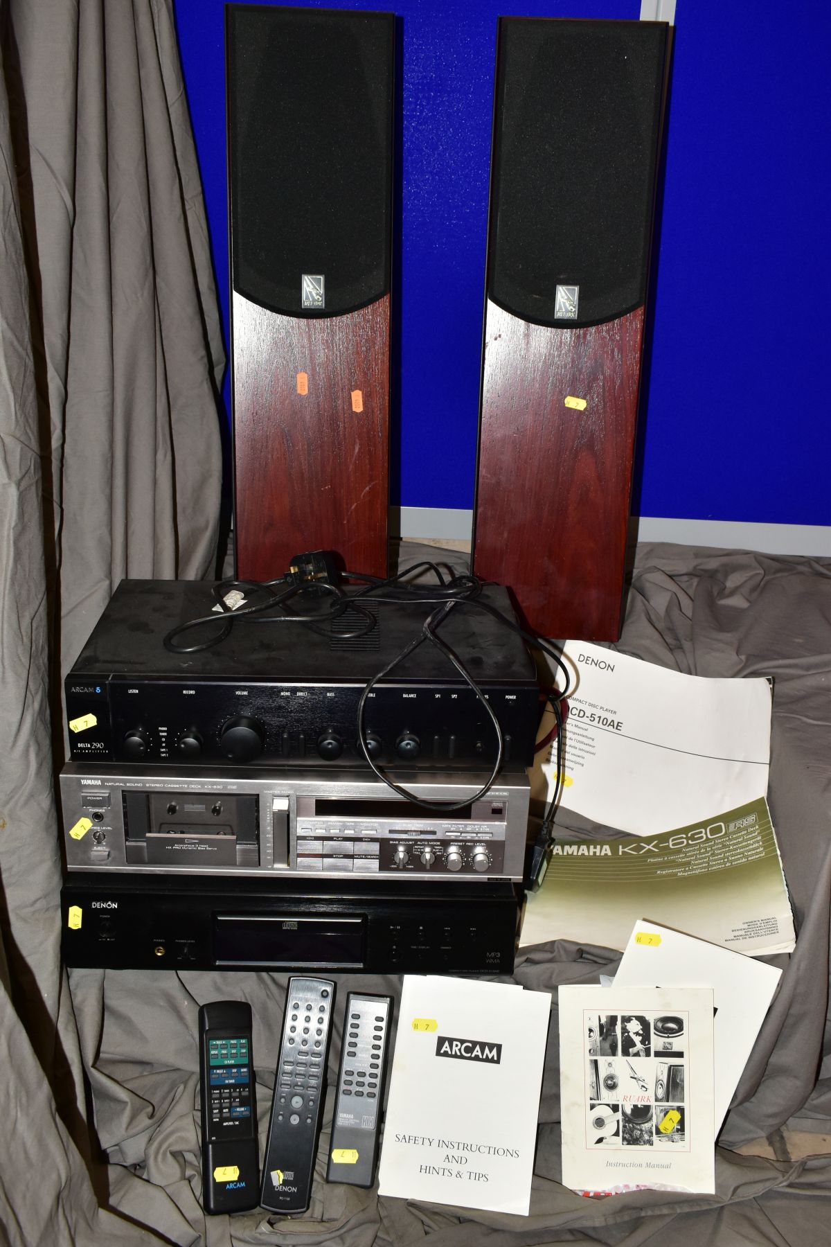 AN ARCAM DELTA 290 INTERGRATED AMPLIFIER, a Yamaha KX-630 Tape Player, a Denon DCD 510AE CD player