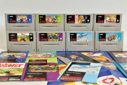 QUANTITY OF UNBOXED SNES GAMES GAMES INCLUDING SUPER MARIO KART, SUPER GHOULS & GHOSTS & PILOTWINGS,