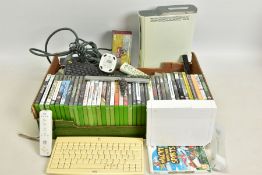 A QUANTITY OF GAMES, AN X-BOX 360 CONSOLE & NINTENDO WII CONSOLE, approximately forty games