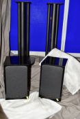 A PAIR OF QUAD 77-11L HI FI SPEAKERS in highly polished Piano Black finish with Quad covers (in full