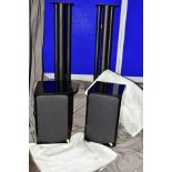 A PAIR OF QUAD 77-11L HI FI SPEAKERS in highly polished Piano Black finish with Quad covers (in full