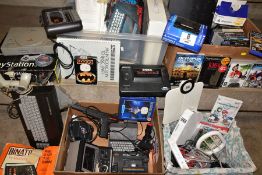 FOUR BOXES OF GAMES CONSOLES, COMPUTERS, GAMES, CONTROLLERS AND ACCESSORIES, consoles include a Sega