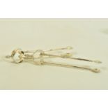A PAIR OF VICTORIAN SILVER SUGAR TONGS, with shell bowls, scrolling terminal and twisted finial,