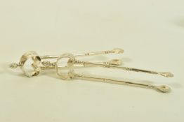 A PAIR OF VICTORIAN SILVER SUGAR TONGS, with shell bowls, scrolling terminal and twisted finial,