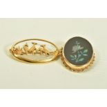TWO MODERN 9CT GOLD BROOCHES, the first of open work design depicting a lake side scene with four