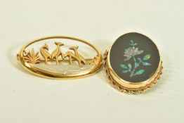 TWO MODERN 9CT GOLD BROOCHES, the first of open work design depicting a lake side scene with four