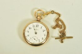 A WALTHAM EARLY 20TH CENTURY GOLD PLATED POCKET WATCH, the white enamel dial with black Arabic