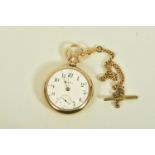 A WALTHAM EARLY 20TH CENTURY GOLD PLATED POCKET WATCH, the white enamel dial with black Arabic