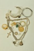 SELECTION OF PREDOMINANTLY WHITE METAL JEWELLERY, to include two bangles, three rings, five