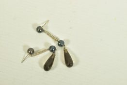 A PAIR OF 9CT GOLD CULTURED PEARL, QUARTZ AND COLOURLESS GEM EARRINGS, the grey cultured pearl