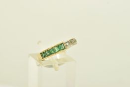 A YELLOW METAL EMERALD AND DIAMOND DRESS RING, of geometric design channel set with five graduated