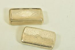 TWO LATE VICTORIAN SILVER SNUFF BOXES, the first with a hinged lid and floral engraving,