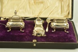 AN EARLY 20TH CENTURY SILVER CRUET SET WITH TWO SILVER SPOONS, within fitted case, maker's mark 'W&