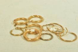 TWO PAIRS OF 9CT GOLD HOOP EARRINGS, TOGETHER WITH THREE YELLOW METAL PAIRS AND TWO INDIVIDUAL WHITE