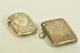 TWO SILVER VESTA CASES, to include a late Victorian vesta case with scroll engraved detail and