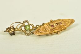 TWO YELLOW METAL GEM SET BROOCHES, the first a peridot and split pearl floral brooch, stamped 9CT,