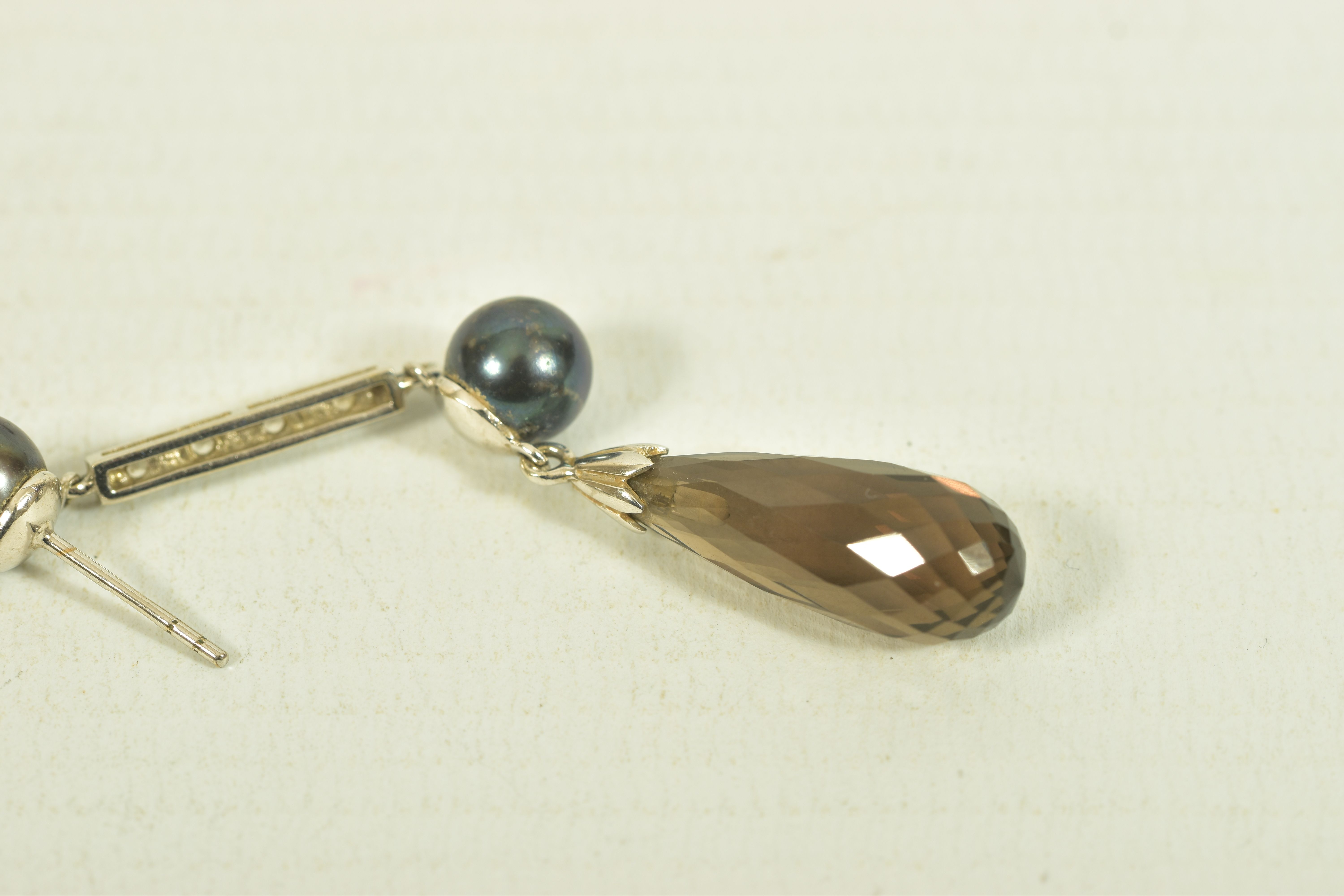 A PAIR OF 9CT GOLD CULTURED PEARL, QUARTZ AND COLOURLESS GEM EARRINGS, the grey cultured pearl - Image 2 of 5