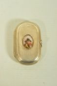 A MID 19TH CENTURY SILVER ENAMEL PORTRAIT HINGED PILL BOX, engine turned design, portrait