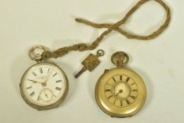 TWO POCKET WATCHES, the first a late Victorian silver open face pocket watch with key, circular