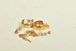 A SELECTION OF 9CT GOLD AND YELLOW AND WHITE METAL JEWELLERY, to include a pair of 9ct gold hoop