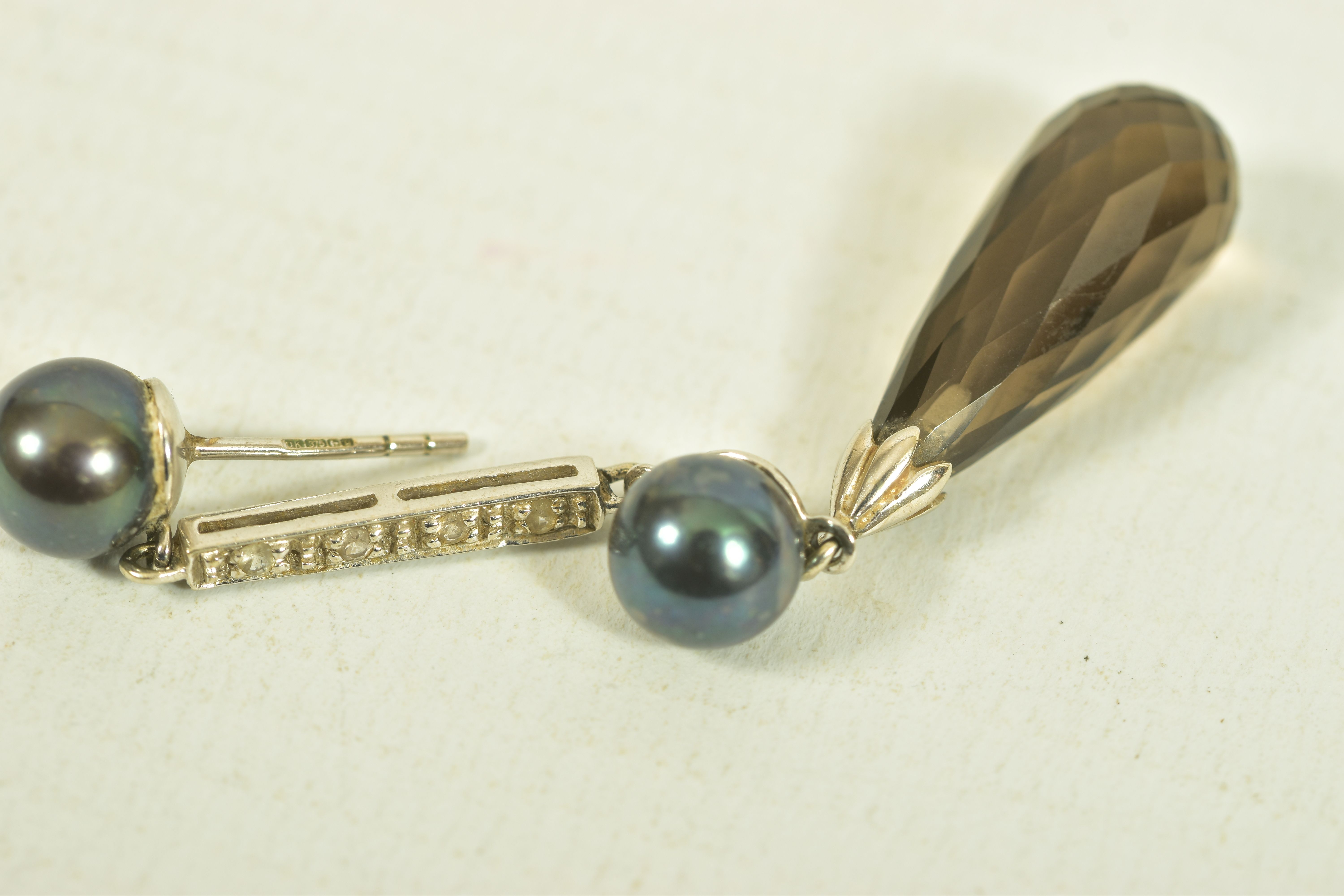 A PAIR OF 9CT GOLD CULTURED PEARL, QUARTZ AND COLOURLESS GEM EARRINGS, the grey cultured pearl - Image 4 of 5