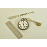 A SELECTION OF SILVER ITEMS, to include a late Victorian pocket watch, signed 'Collingswood & Son