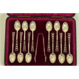 A LATE VICTORIAN SILVER CASED TEA SPOON AND SUGAR TONG SET, twelve tea spoons each with a shell