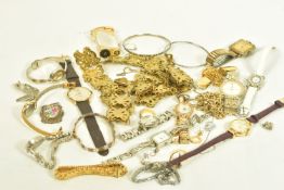 A SELECTION OF MAINLY SILVER COSTUME JEWELLERY, A 9CT CASED WRISTWATCH AND OTHER WRIST WATCHES,