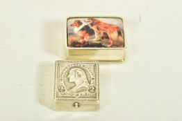 AN EARLY 20TH CENTURY AMERICAN SILVER STAMP CASE TOGETHER WITH A MODERN ENAMEL PILL BOX, the first