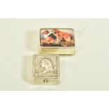 AN EARLY 20TH CENTURY AMERICAN SILVER STAMP CASE TOGETHER WITH A MODERN ENAMEL PILL BOX, the first