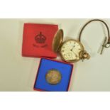 A GEORGE V STET FORTUNA DOMUS MEDAL AND A GOLD PLATED WALTHAM FULL HUNTER POCKET WATCH, the George V
